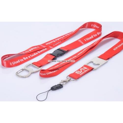 Good sale Cheap 20MM 500pcs red buckle silk screen&heat transfer Custom Printed Logo Design with beer opener lanyards