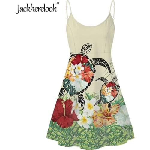 Jackherelook Polynesian Tribal Women Sleeveless Sling Dress Summer Sundress Hawaii Turtle Tropical One Piece Backless Sundress