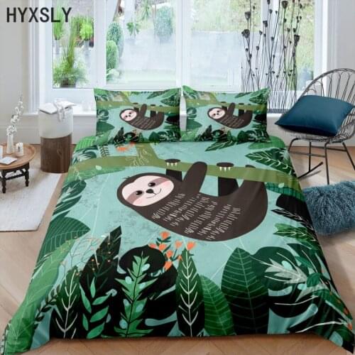 Cute Sloth Bedding Set For Kids Cartoon Duvet Cover Animal Green Plants Bed Linen Boys Girls Bedding Queen King Full Size 2/3pcs