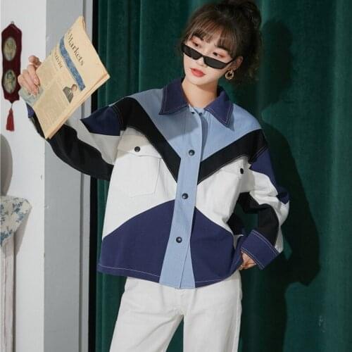 Loose Fit Blue Conrtast Color Big Size Harajuku Denim Jacket New Lapel Long Sleeve Women Coat Fashion Spring Autumn 2021 Outfits