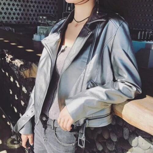 2021 New Hot Women Autumn Winter Fake Faux Leather Jackets Lady PU Silver Black Pink Zippers Coats Motorcycle Outerwear Female