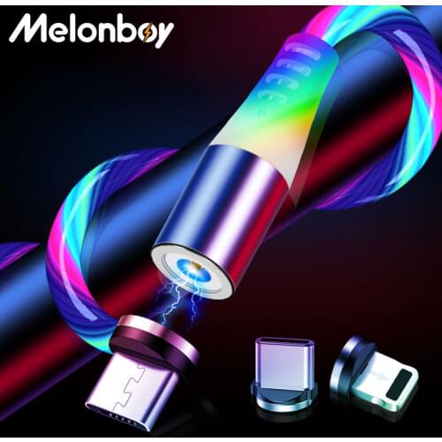 Melonboy Colorful Lighting Magnetic Usb Cable Mobile Phone Charging Cable Charger for iphone Samaung Phone Dust Plug Type C Wire