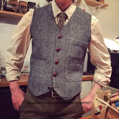 Mens Suits Vests Steampunk Herringbone Formal Business Waistcoat Tweed Suit Vest Jacket Groomsmen Vests for Wedding Homme Gilet