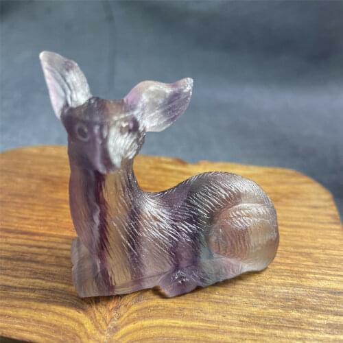 Natural rainbow fluorite quartz sculpted crystal Reiki healing Fawn statue 1PC