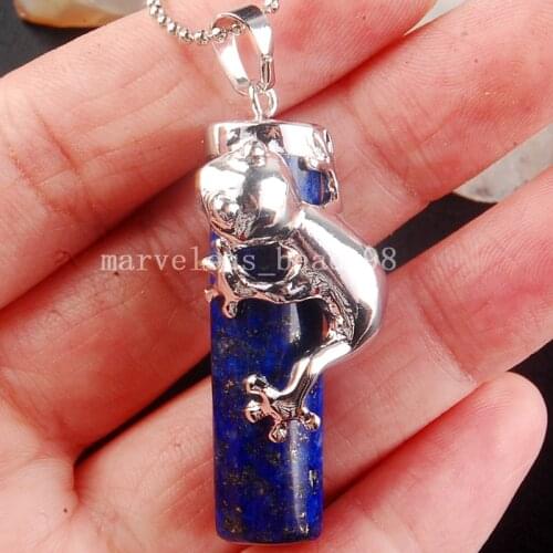 Free Shipping Beautiful jewelry 15x41mm Genuine Lapis Lazuli Frog amplected column Pendant Necklace with Chain PC3872