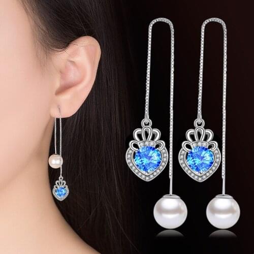 Girls' Romantic Swing Drop Earrings Long Box Chain Cute Heart Crown Zircon Pearl Dangle Earring Charming Ear Piercing Jewelry
