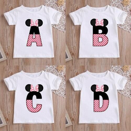 Pink Mouse 26 Letters Cartoon Print Cute Girls T shirt Summer Kids Tops Baby Boys Clothes Streetwear Children T-shirt,HKP2464