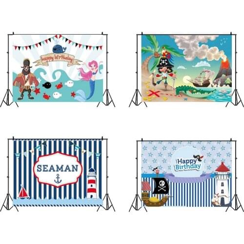 Cartoon Pirate Mermaid Children Backdrops Photography Hanging Flags Kids Birthday Party Photo Background for Shooting Decor