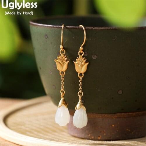 Uglyless Handmade Gold Pine Cones Creative Earrings Women Natural Jade Magnolia Floral Earrings Real 925 Silver Brincos Jewelry