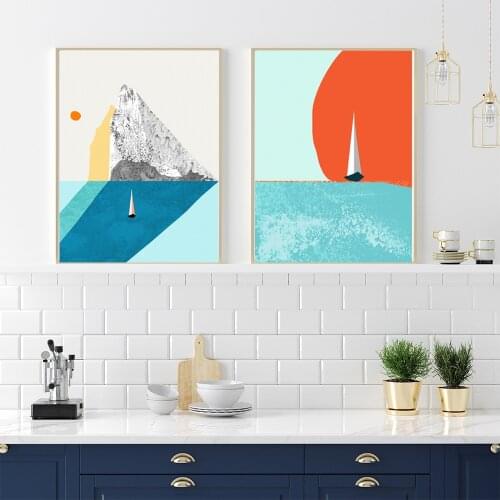 Scandinavian Wall Pictures, Sailing Boat Sunset, Poster, Yacht, Sunrise，Ocean Decor, Nautical Lonely Boat, Canvas Painting