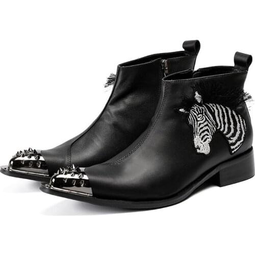 Tuziblobo Boots Men Black Chelsea Embroider Zebra Bota Masculina Pointed Toe Rivets Ankle Mens Boots Side Zip Leather Boots Men