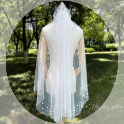 Simple Lvory Color Bridal Veil with Hat Beaded Pearls Wedding Long Veils Hairwear for Brides Wedding Hair Accessories