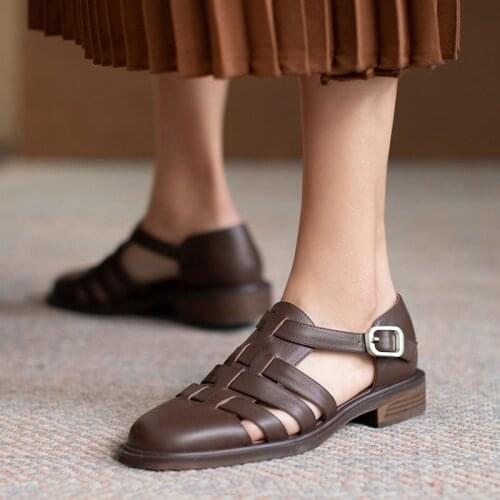 2021 New Retro Shoes For Women Summer Thick Heels Pumps Female Genuine Leather Top Quality Working Party Women Sandals