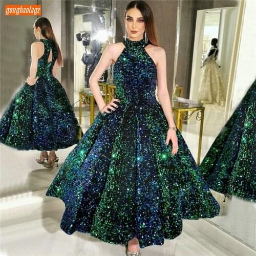 Luxury Green O Neck Prom Gowns Sleeveless Ankle Length Sparkly Sequin Long Prom Dresses Women Party Custom Made Vestidos De Gala