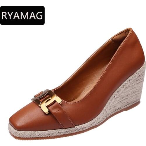 RYAMAG 2021 Metal Button Artificial Leather Wedges Shoes Womens Shallow Mouth Espadrilles Spring Autumn New Sandals High Heels