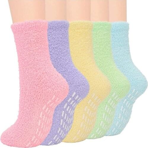 E15F Women Winter Fuzzy Slipper Socks Solid Candy Color Non-Slip Grip Warm Hosiery