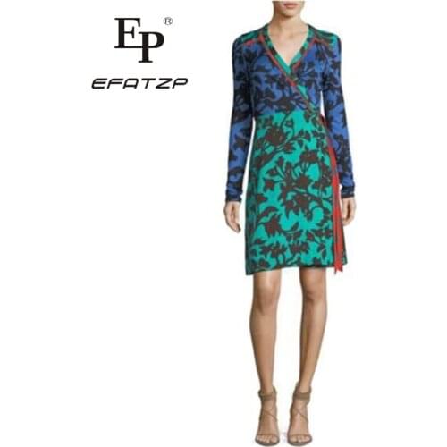 New 2018 spring Fashion Designer Dress Womens Long Sleeves V-Neck Print XXL Stretch Jersey Slim Silk Day Dress