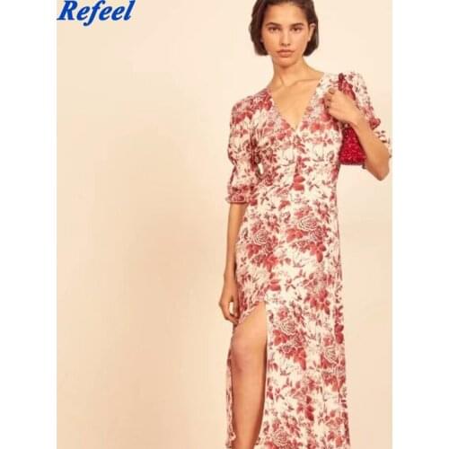 Vintage Split Women Midi Dress Sexy V Neck Red Hollow Out Floral Print Vestidos Retro Short Sleeve Dress