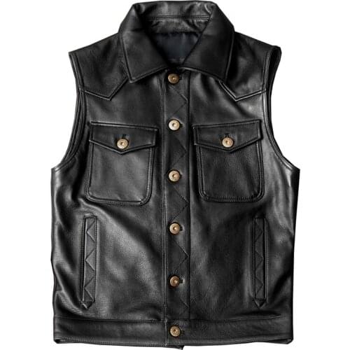 Pure Head Layer Cowhide Vest Mens Genuine Leather Lapel Short Slim Leather Motorcycle Waistcoat