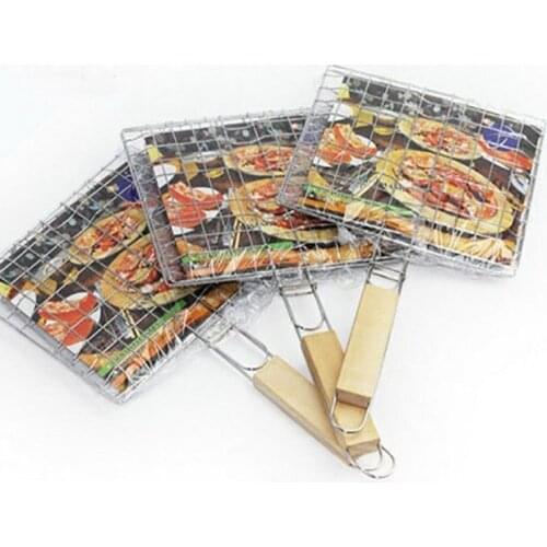 1PC Stainless Steel Meshes Barbecue 2 Iron Fish Grilling Basket Roast Folder Tool with Wooden Handle Outdoor BBQ Tools OK 0394