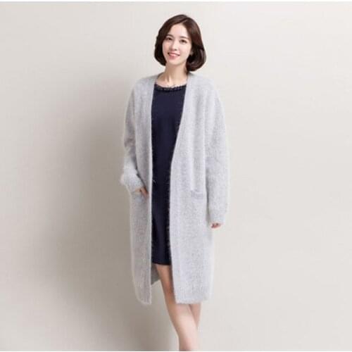 100%mink cashmere knit women spring autumn fashion long cardigan coat H-straight wide loose S-3XL jeans blue 3color