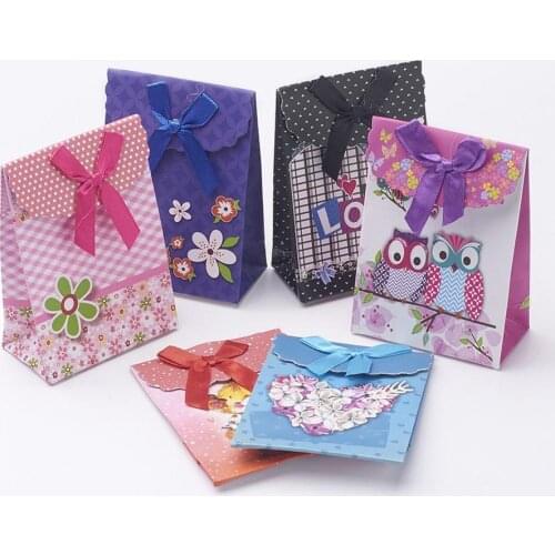6 pcs Paper Gift Shopping Bags Valentines Day Packages Rectangle with Bowknot Mixed Color 105x75mm