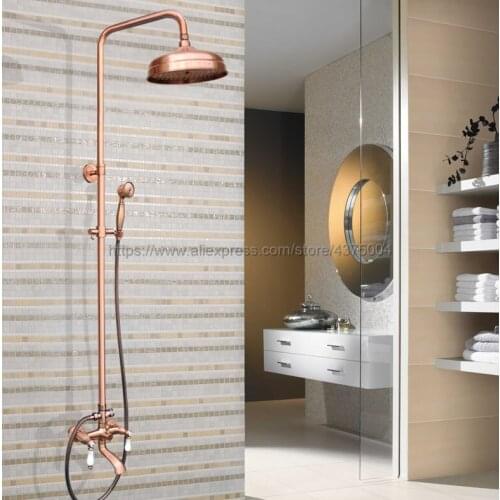 Antique Red Copper Wall Mounted Shower Set Faucet Dual Handle with Hand Sprayer Bathroom Shower Mixers 8" Rainfall Nrg571