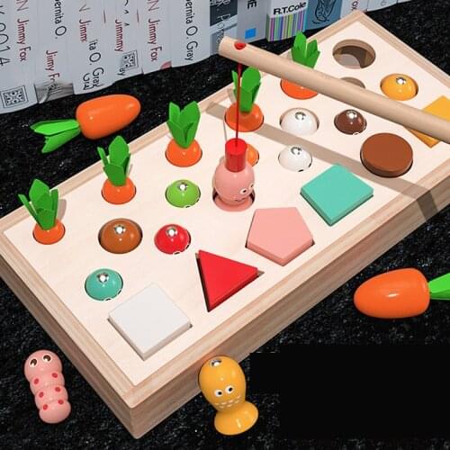 Children Montessori Radish Pulling Toy Grasping Training Wooden Building Blocks Catching Insects Fishing Early Education Toys