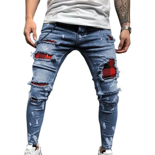 Spring Summer Mens Baggy Jeans Multi Pockets Ripped Holes Denim Mid Waist Stretchy Tassel Skinny Distressed Denim Jeans