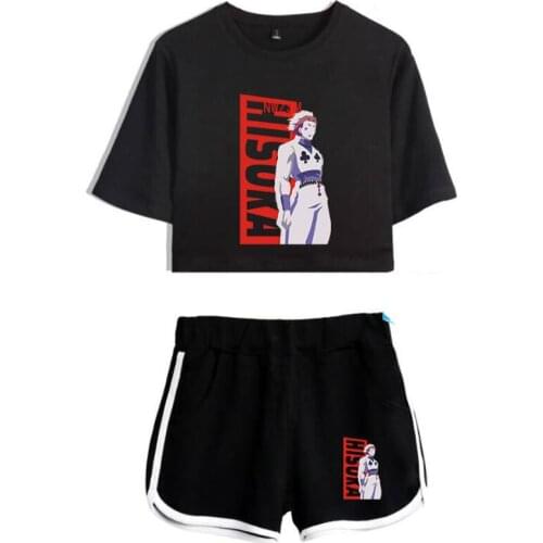 Hisoka T-shirt Two-piece for Women Fashion Anime Set Casual Print Hunter X Hunter T shirt Woman Cotton Navel Tees Shorts Sets