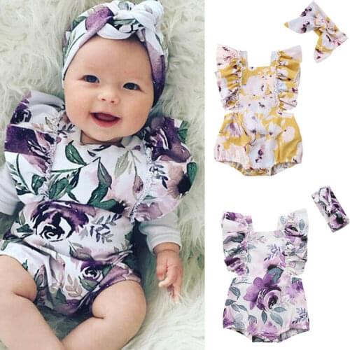 0-24Months Newborn Baby Girl Floral Backless Ruffle Romper Jumpsuit with Headband Baby Girl Clothes Outfits