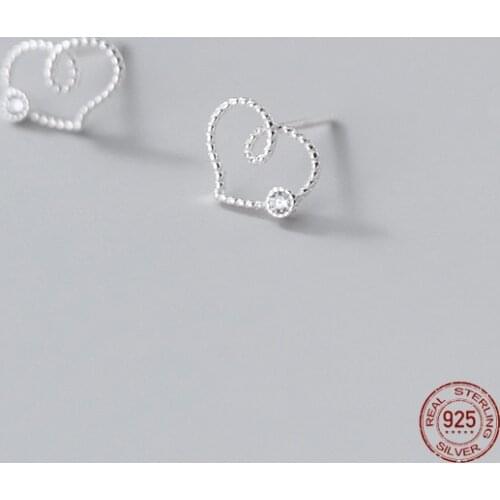LKO 925 Sterling Silver Creative Line Single Zircon Heart Stud Earrings Simple Temperament Sweet Earring For Women Jewelry Gift