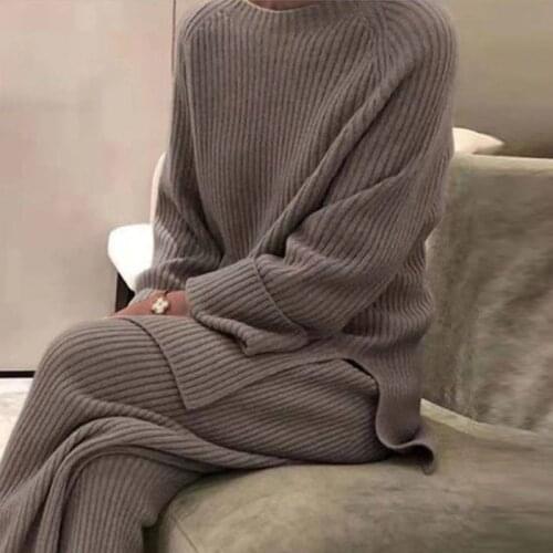 Fashion Women Soft Homewear 2 Piece Set Elegant O Neck Pullover Tops And Knitted Pants Solid Autumn Winter Lady Pajama Home Suit