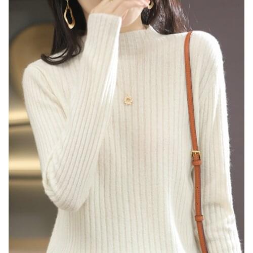 2021 Autumn winter new womens 100% pure Wool Cashmere Sweater solid color half high neck pullover Slim-fit base knitted Sweater