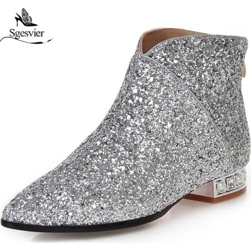 Sgesvier Women Autumn Shoes Low Heels Female Ankle Boots Gold Glitter Thick Heels Winter Boots Shoes 2018 Zip Large Size OX710