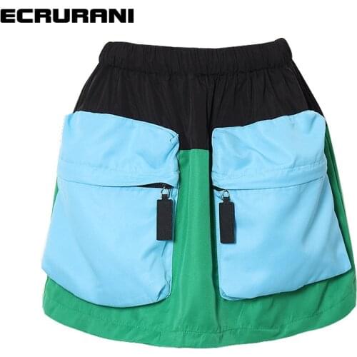 ECRURANI Patchwork Casual Skirt For Women High Waist Hit Color Pockets Mini Skirts Female Summer Fashion Clothing 2021 New Style
