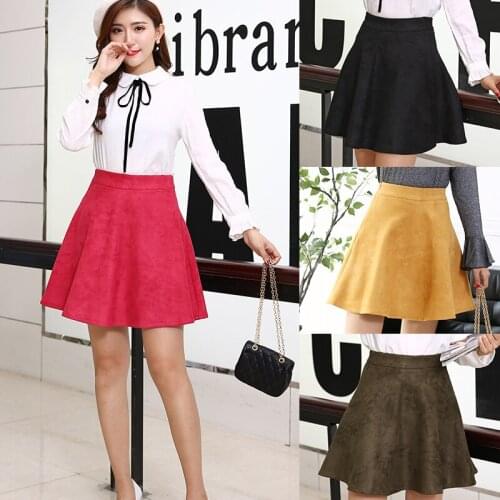 Plus Size Soft Suede Flare Skirt Women Casual Faux Leather Skirts A-Line Female Short Skirts