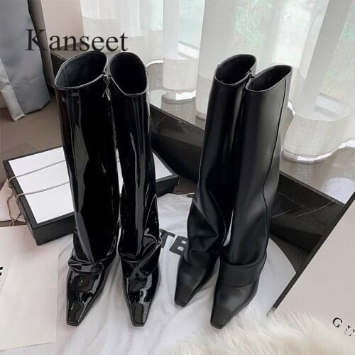 Kanseet Wedges Women Knee-High Boots 2021 Autumn Winter Square Toe Slim Female Long Boots Black Zip Size 40 High Heels Shoes