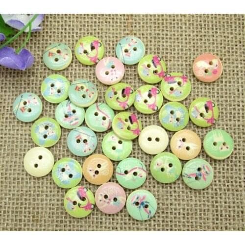 100pcs Fashion 15mm Mixed Color Round Cartoon Pattern Wooden Buttons For Clothes Crafts Sewing Scrapbooking DIY Accessories