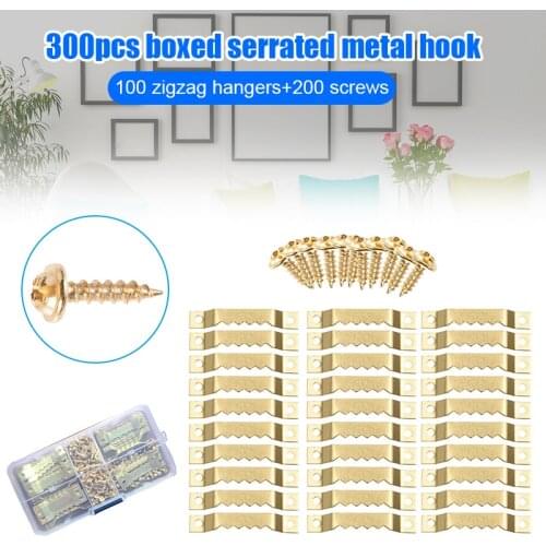 100pcs Boxed Zigzag Metal Hook Photo Frame Hardware Installation Accessories Combination (with 200 Golden Screws) Multifunción