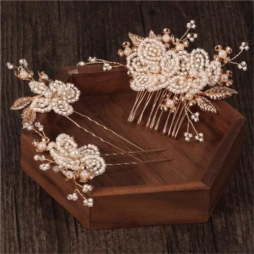 Beaded Floral Hair Comb Bridal Pins Clips Gold Leaf Wedding Hairpiece Handmade Women Hair Oranment