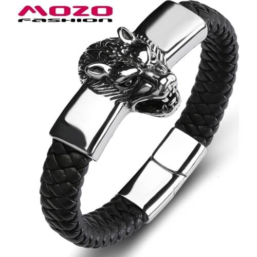 Fashion Bangle Trendy Men Lion beast Bracelet Leather Stainless Steel Simple Bracelets Man Collocation Punk Cuff Jewelry PS2143