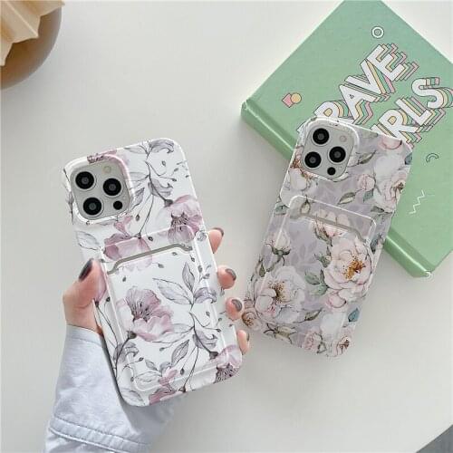 Flower Card Case For iPhone 11 12 Pro Max Wallet Bag Card Cash Slot Cover X XR XS Max 7 8 Plus SE2020 Shockproof Marble Art Case