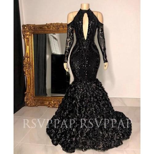 Black Mermaid Long Prom Dresses 2021 African Girl Sexu Vut-Out Front High Neck Long Sleeve Sequin Top 3D Flowers Prom Gowns