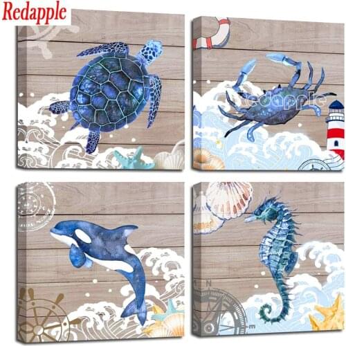 Cyan blue seafood canvas diamond painting full drill 4 pieces of seahorse crab dolphin beach theme for bathroom decor embroidery