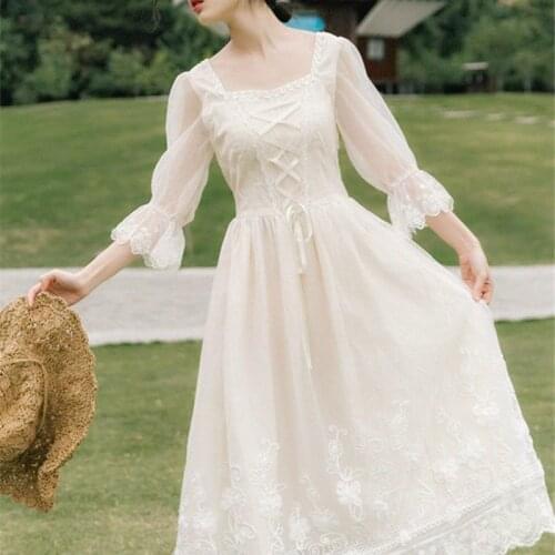French Style Elegant Vintage Dress Women 2021 Fairy Retro Floral Lace Dresses Casual Chiffon Party Dress Womens Clothing 14619