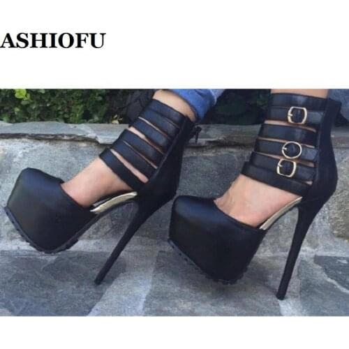 ASHIOFU Handmade Classic Ladies High Heel Pumps Striped Round-toe Platform Dress Shoes Party Prom Club Fashion Court Shoes