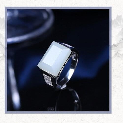 S925 Sterling Silver Inlaid Xinjiang Hetian Jade White Jade Ring