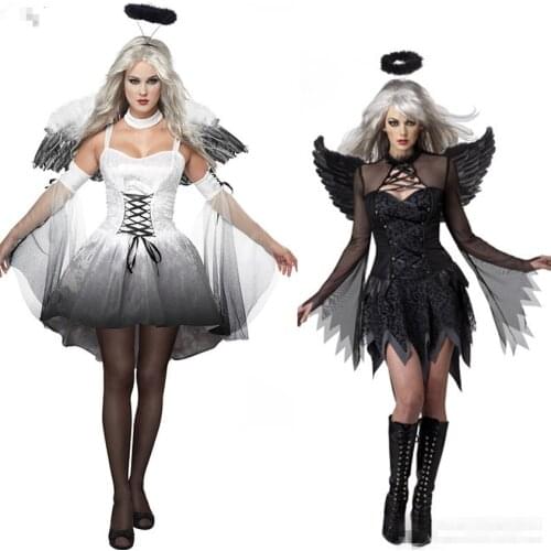 Halloween costume ghost vampire bride black dress uniform party queen witch black Wings angel installed Role Play Free shipping