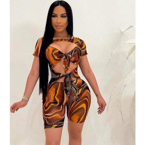 Summer Woman Short Sleeve Mesh Short Jumpsuit geometric Printed O Neck Hollow out Bandage Short Bodysuit